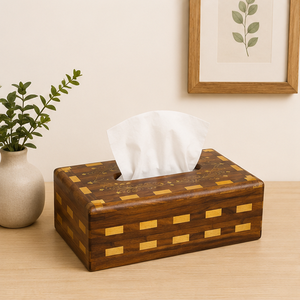 Handcrafted Rosewood Tissue <b>Box</b> Holder With Intricate Brass Inlay Work And Chequered Design For Luxury Home Hotel & Office Decor - Product Image 2