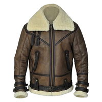Veste d'aviateur en cuir véritable marron pour homme avec doublure en fausse fourrure, fermeture éclair, coupe-vent, style motard d'hiver