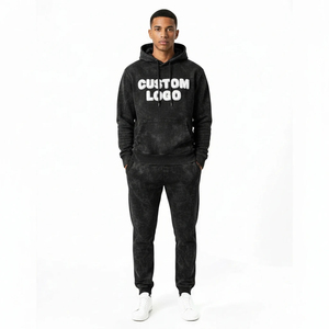 Custom Logo Black Acid Wash Tracksuit Men Heavyweight Fleece Hoodie and Jogger Set Streetwear Premium Vintage Black Acid Wash - Product Image 1
