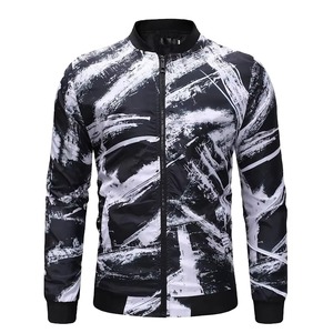 Men's Slim Fit Bomber <b>Jacket</b> Black White Hand Painted Print Zipper Closure Casual Spring Outerwear Polyester Material - Product Image 1