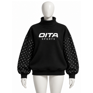 เสื้อสเวตเชิ้ตคอเต่าสีดำทรงโอเวอร์ไซส์สำหรับผู้หญิง แขนเสื้อประดับมุก ทรงหลวม สไตล์ลำลอง สตรีทแวร์ แขนยาว แฟชั่นฤดูหนาว - Product Image 1