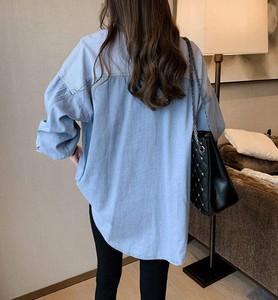Women Denim <b>Shirt</b> Long Sleeve Button Down Striped <b>Patchwork</b> Casual Loose Fit Top With Pockets All Seasons Wear - Product Image 5