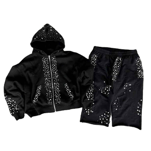 Custom Rhine Stone Wholesale Hoodie & Shorts <b>Set</b> Zipper Style Premium Quality Rhine Stones Hoodie <b>Set</b> Street Style For Unisex - Product Image 1