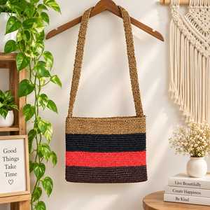 Handgefertigte gewebte Strohtasche, mehrfarbig gestreift, Colorblock-Raffia-Umhängetasche, umweltfreundliche Sommer-Strandtasche, lässige Sling Bag - Product Image 2