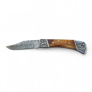 Custom <b>Outdoor</b> Folding Knives with Patterned Blade Ornamental Grip and Protective Leather Sheath for Camping Hiking Hunting - Product Image 2