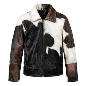 Men's Real Cowhide Leather <b>Jacket</b> Genuine Hair-on-Hide <b>Western</b> Cow Print Patchwork Bomber Coat Vintage Biker Outerwear - Product Image 1