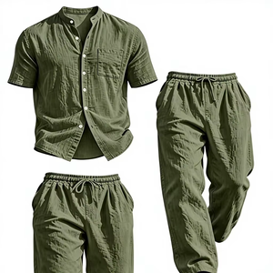 2026 Summer Vacation Men's Khaki 100% Cotton Woven Satin Solid Short Sleeve Shirt Long Pants Shorts Set Casual Beach 2pcs Quick - Product Image 1