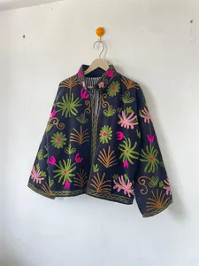 Chaqueta Bordada Floral Hecha a Mano para Mujer, Chaqueta Corta de Terciopelo Azul Marino Oscuro, Estilo Boho, Kimono de Noche - Product Image 2