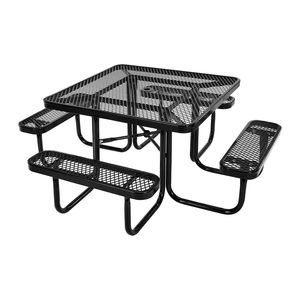 Tavolo da Picnic in Acciaio Rivestito Resistente con Foro per Ombrellone, Arredamento da Esterno Resistente alle Intemperie, Pannello Effetto Legno per Parco - Product Image 1