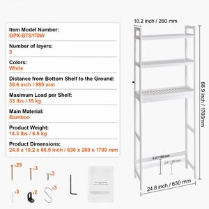 Étagère de rangement réglable à 3 niveaux pour toilettes, en bambou, avec 3 crochets, autoportante pour salle de bain - Product Image 4
