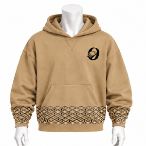 Sweat-shirt à capuche oversize en molleton kaki pour homme avec bordure brodée, poche kangourou et ourlet décoratif – Idéal pour l'hiver - Product Image 1
