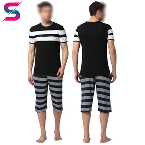 Wholesale Rate Men's Striped Crew Neck T-Shirt With Navy Patterned Capri Shorts <b>Set</b> Summer Casual <b>Knitted</b> Breathable Wear - Product Image 5