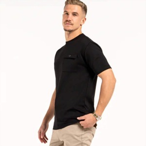 T-shirt en coton noir pour homme, coupe ajustée, col rond, manches courtes, décontracté, couleur unie, jersey tricoté, teint uni, respirant - Product Image 4