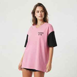 Camiseta Oversize de Mujer con Bloques de Color Rosa y Negro, Cuello en V, Ajuste Holgado, Manga Corta, de Algodón Jersey, Primavera Verano - Product Image 3