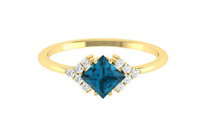 Anillo de moda 2026: Anillo delicado de oro amarillo de 14k con topacio azul de Londres de corte cuadrado de 5 mm y medio halo de diamantes, listo para enviar. - Product Image 6