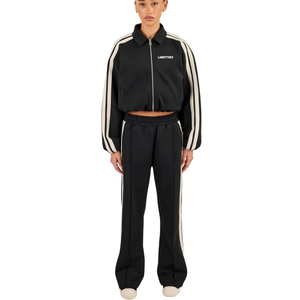 Womens Cropped Full Zip Turn Down Collar Tracksuit Top & Wide Leg Striped <b>Trousers</b> Elastic Waist Two Piece Athleisure Outfit Set - Product Image 1