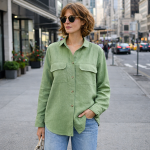 Chemise en lin menthe pour femme, à manches longues, boutonnée, coupe décontractée, avec poche et détail illusion, teinte unie, pour usage quotidien - Product Image 3