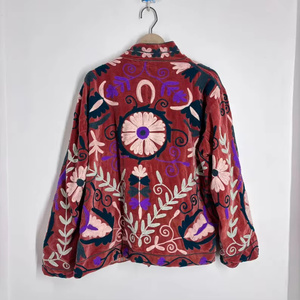 Hand Embroidered <b>Reversible</b> Velvet Bomber <b>Jacket</b> with Vintage Floral Pattern Cotton Lining Winter Outerwear for Women - Product Image 3