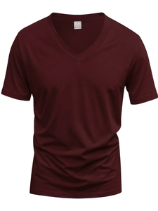 Men's V-Neck Short Sleeve Solid Knitted Casual Breathable T-Shirt Regular Fit Maroon Enzyme Wash Knitted Jersey Fabric 180g - Product Image 3