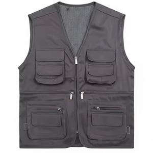 Men's Grey Multi-Pocket Zipper <b>Vest</b> Casual V-Neck Quick Dry Polyester Workwear Outerwear Spring <b>Utility</b> <b>Vest</b> - Product Image 1