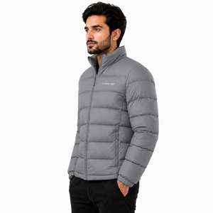 Doudoune en polyester avec logo frontal, vente en gros, doudoune rouge pour homme, col montant, fermeture éclair, coupe-vent, vêtement d'hiver décontracté - Product Image 3