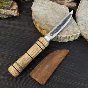 Yakut <b>Knife</b> with Leather Sheath. Hand-Forged Bushcraft Tool. Ash Handle. Carbon Steel Blade - Product Image 1