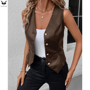 Nuevo Chaleco de Cuero Sintético para Mujer, Estilo Vintage, Color Marrón, Elegante, Formal, Sin Mangas, Cuello en V, Ajustado, para Club - Product Image 3