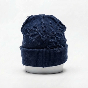 Men's <b>Navy</b> Blue Distressed Beanie <b>Hat</b> Knit Cuffed Winter Cap Unisex Streetwear Skull Cap Custom Logo Wholesale Fashion Accessory - Product Image 2