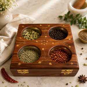 Wood Spice <b>Box</b> Organizer 4 Compartments Handmade Rustic Kitchen <b>Herb</b> Storage Container Durable Natural Wood Masala Spice Tools - Product Image 4
