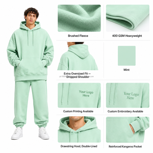 Ensemble de survêtement à capuche vert menthe uni pour homme, 100 % coton French Terry, tenue décontractée pour le jogging, vêtements d'automne pour hommes - Product Image 2