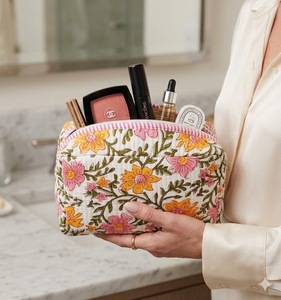 Floral Cotton Quilted Makeup Bag Zipper Cosmetic Pouch Quilted Beauty <b>Case</b> for Travel Daily Use - Product Image 1