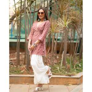 Conjunto de Kurta de Algodón Rojo Poppy, Talla XS, Casual, con Mangas Tres Cuartos - Product Image 2