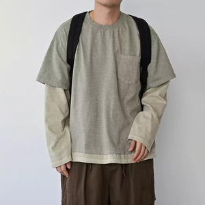 เสื้อยืดโอเวอร์ไซส์ผ้าฝ้ายสองชั้น แขนยาว คอกลม พิมพ์ลายลำลอง แต่งขอบตัดกัน ผ้าถัก ยับยาก ใส่ได้ทั้งชายและหญิง - Product Image 1