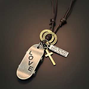 Fashion Pendant Necklace-2-Inch Pure Stainless Steel Silver Skate Love Pendant with Adjustable Brown Leather Rope for Men & Boys - Product Image 2