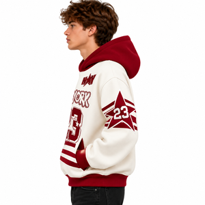 เสื้อฮู้ดผู้ชายสีครีมเบอร์กันดี ลายกราฟิก New York 23 ทรงโอเวอร์ไซส์ สไตล์สตรีทแวร์ - Product Image 2