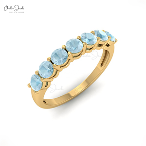 Nouvelle bague demi-éternité en aigue-marine naturelle de 3 mm à coupe ronde, en or jaune fin 14 carats, pour mariage et anniversaire - Product Image 5