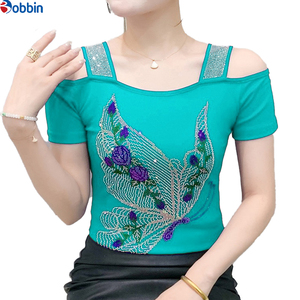 Camiseta de Mujer con Hombros Descubiertos, Manga Corta, Color Sólido, Adorno de Mariposa con Pedrería, Cuello Cuadrado, Corte Ajustado, Transpirable, Tejido de Punto, para Verano - Product Image 3