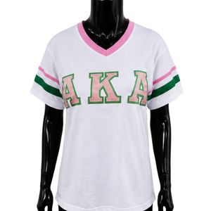 เสื้อยืดคอวีลายทางสีขาวเขียวชมพู แขนสั้น สไตล์ลำลอง แฟชั่นเสื้อยืดกราฟิกสำหรับผู้หญิง เสื้อผ้าสตรีทแวร์ ขายส่ง - Product Image 1