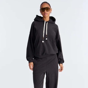 <b>Women's</b> <b>Black</b> Hooded <b>Sweatshirt</b> Regular Fit Full Sleeve Cotton Knitted Casual Autumn Wear With Pockets Solid Color - Product Image 1
