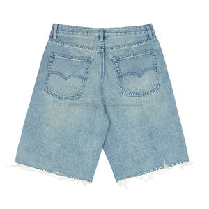 Streetwear bleu longueur genou Cargo Denim Shorts personnalisé qualité lavage déchiré ourlet décontracté rétro hommes avec poche - Product Image 3
