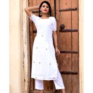 Vestido Kurta Recto de Algodón/Fibra de Bambú Transpirable para Mujer, Talla XS, Color Blanco - Product Image 5