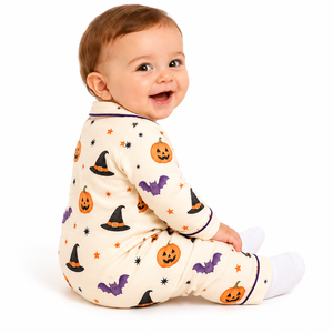 Conjunto de pijama de Halloween para bebé, camisa de manga larga con botones y pantalones con estampado de calabaza, murciélago y sombrero de bruja, ropa de dormir para bebés y niños pequeños - Product Image 3