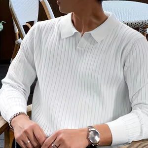 Camiseta de punto acanalada de manga larga para hombre, estilo casual, cuello solapa sin botones, ajuste slim, textura texturizada, color liso, diseño personalizado ODM. - Product Image 1