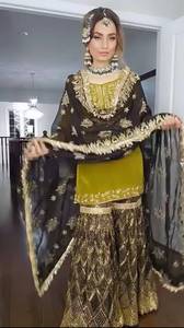 Ensemble Sharara Palazzo vert olive lourdement brodé avec dupatta noir, ensemble de mariage pakistanais en soie Chinon brodée - Product Image 1