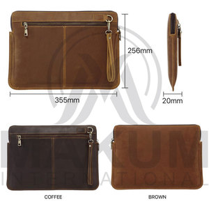 Brown Leather <b>Laptop</b> <b>Sleeve</b> Case with Front Zip Pocket and Wrist Strap for 13-15 Inch Devices - Product Image 3