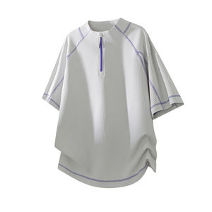 T-shirt Homme Oversize en Maille Gaufrée à Manches Courtes, Col Rond, Fermeture Éclair, Décontracté, Respirant, Couleur Unie, 100% Coton, Séchage Rapide - Product Image 3