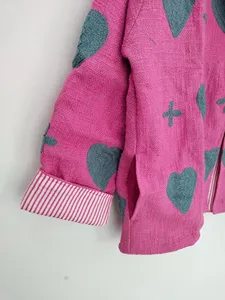 Vintage Suzani Jacket Women Hot Pink Cotton TNT <b>Garden</b> Heart Applique Handcrafted Boho Layering Coat - Product Image 4