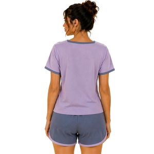 Conjunto de dos piezas de pantalones cortos para mujer, color lavanda y gris pizarra, top con cuello cuadrado y botones, estampado floral minimalista, ropa informal de verano de algodón para estar en casa - Product Image 2