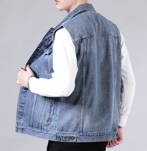 เสื้อกั๊กยีนส์ผู้ชายแบบฟอกสี ลายพิมพ์วินเทจสุดเท่ แจ็คเก็ตแขนกุด สไตล์ฮิปฮอปสตรีทแวร์ สำหรับผู้ใหญ่ - Product Image 2