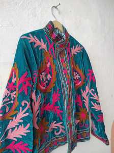 Hand Embroidered Canvas <b>Quilted</b> <b>Jacket</b> O-Neck Collar Floral <b>Pattern</b> Full Sleeve Eco-Friendly Winter Autumn Women's 100% Cotton - Product Image 2